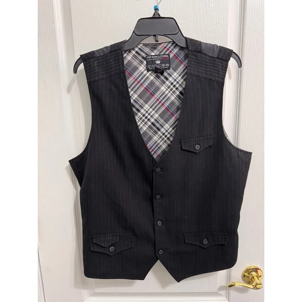 Pop Icon Clothing Black Pinstripe Vest Mens Plaid‎ Lined V-Neck Button Front xl